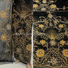 Load image into Gallery viewer, Bleak Black With Gold Mirror &amp; Beaded Work George Wrapper Set With Blouse - NLDG235
