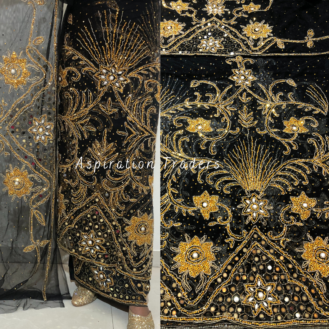Bleak Black With Gold Mirror & Beaded Work George Wrapper Set With Blouse - NLDG235