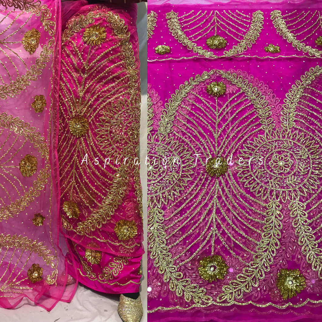 Graceful Pink Handcrafted Gold Stone Work Net Lace George Wrapper Set with Blouse- NLDG247