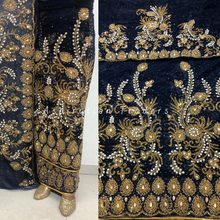 Load image into Gallery viewer, Magestic Navy Blue Pearl Work With Gold Beaded  Net Lace George Wrapper Set with Blouse- NLDG250
