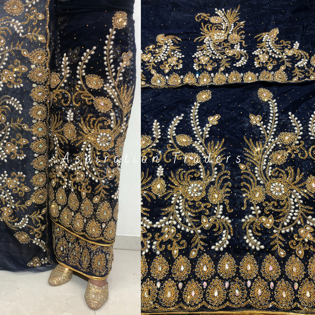 Magestic Navy Blue Pearl Work With Gold Beaded  Net Lace George Wrapper Set with Blouse- NLDG250