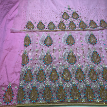Load image into Gallery viewer, Warm Pink crystal stone Beaded with  Gold Fringes Net Lace George Wrapper - NLDG251
