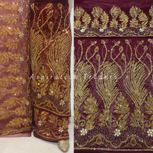 Load image into Gallery viewer, Rich Burgundy Heavy Gold Stones Beaded Net Lace George Wrapper set With Blouse- NLDG252
