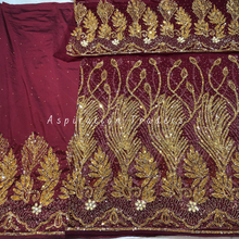 Load image into Gallery viewer, Rich Burgundy Heavy Gold Stones Beaded Net Lace George Wrapper set With Blouse- NLDG252
