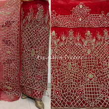 Load image into Gallery viewer, Bold Red Heavy Crystal Shiny Stone Beaded Designer George Wrapper Set with Blouse- NLDG258
