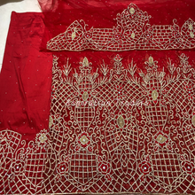 Load image into Gallery viewer, Bold Red Heavy Crystal Shiny Stone Beaded Designer George Wrapper Set with Blouse- NLDG258
