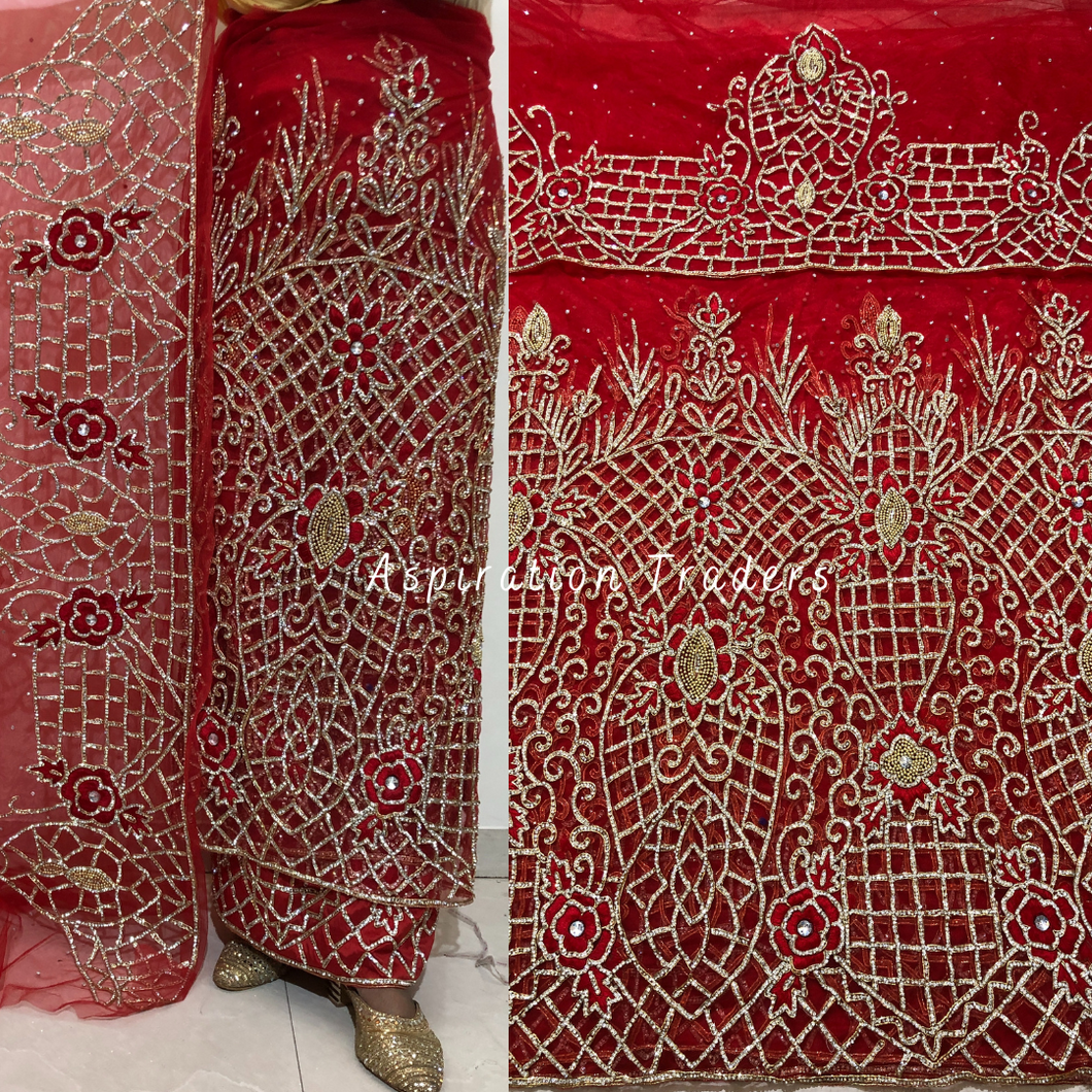 Bold Red Heavy Crystal Shiny Stone Beaded Designer George Wrapper Set with Blouse- NLDG258