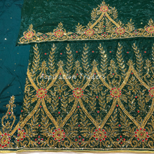 Load image into Gallery viewer, Splashy Nigerian Green Gold &amp; Red Stone Beaded Net Lace George Wrapper Set - NLDG269
