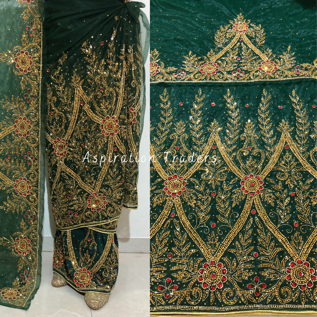 Splashy Nigerian Green Gold & Red Stone Beaded Net Lace George Wrapper Set - NLDG269