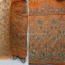 Load image into Gallery viewer, Classy Orange Heavy Sequined work Bling Beaded  Net Lace George Wrapper Set - NLDG279
