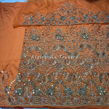 Load image into Gallery viewer, Classy Orange Heavy Sequined work Bling Beaded  Net Lace George Wrapper Set - NLDG279
