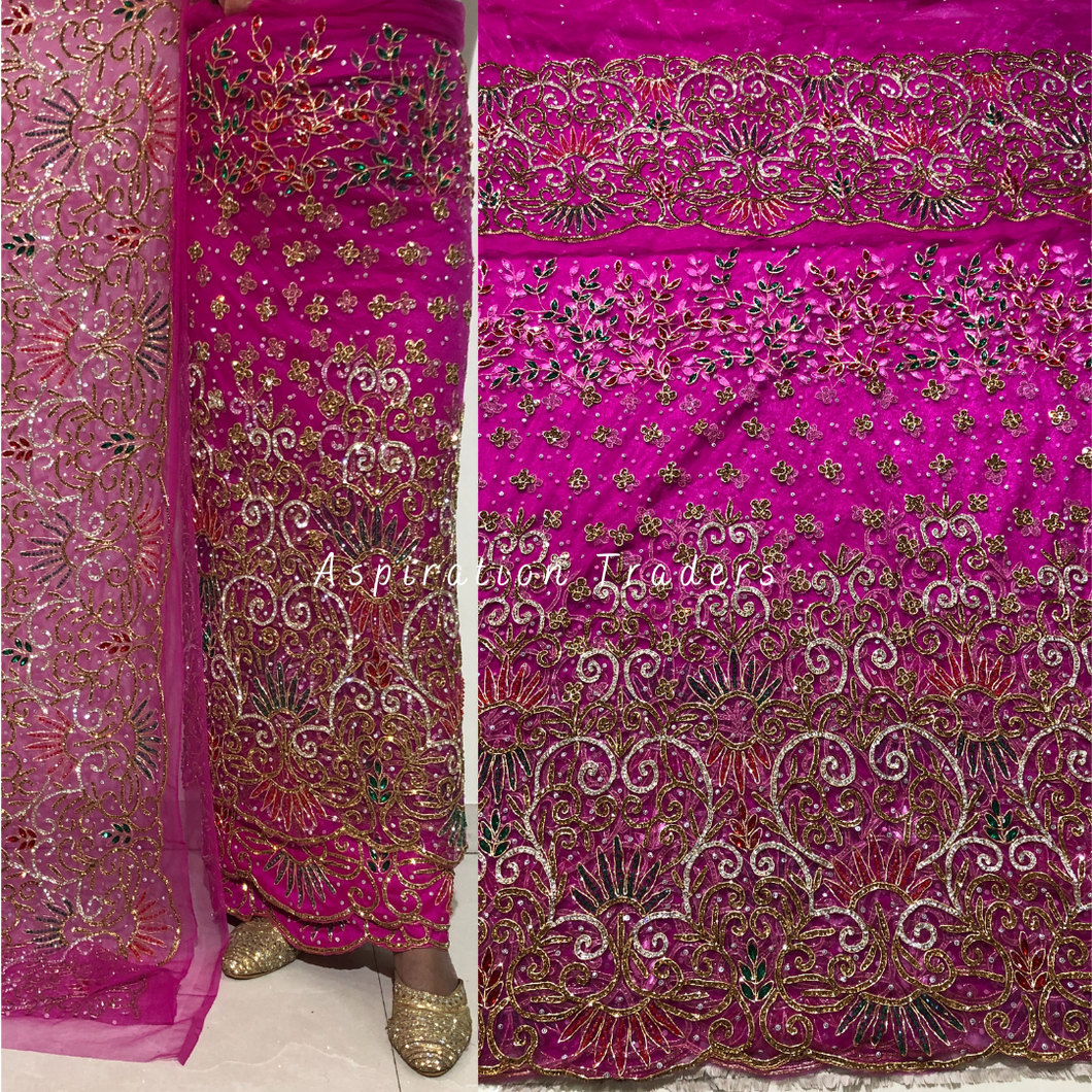 Festive Fuschia Pink With Heavy Multi Colour crystal Stone Beaded Designer George Wrapper Set - NLDG281