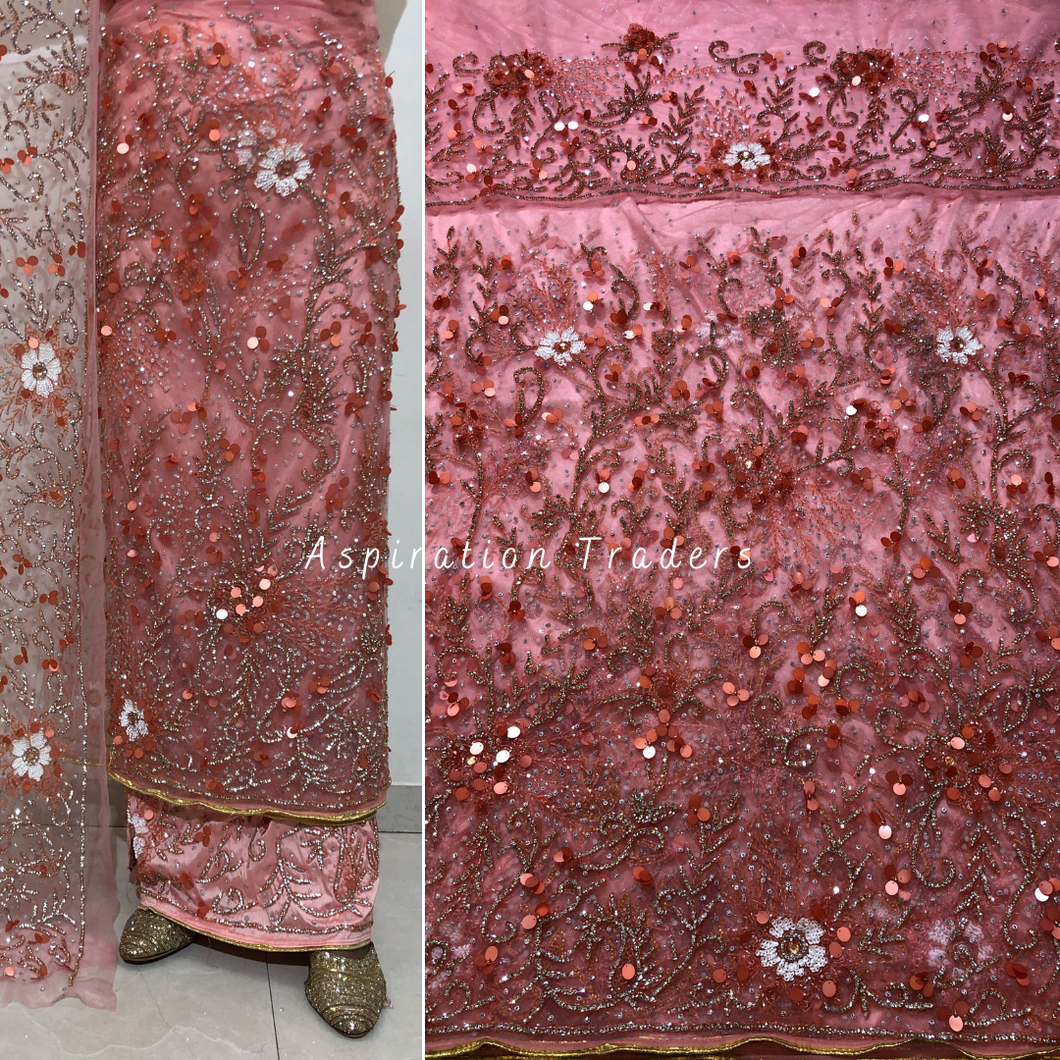 Cold Peach 3D petal Flower Work Crystal Stone Beaded George Wrapper Set - NLDG282