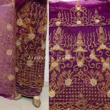 Load image into Gallery viewer, Fiery Purple Heavy Gold Stone Beaded  Net Lace George Wrapper Set - NLDG286
