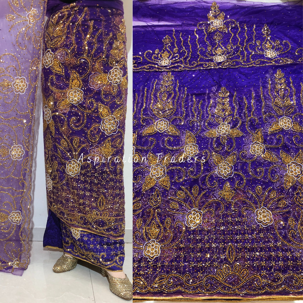 Fiery Purple Heavy Gold Stone Beaded  Net Lace George Wrapper Set - NLDG286