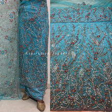 Load image into Gallery viewer, Festive Sky Blue With Multi Colour Silver Stone Beaded Net Lace George Wrapper Set - NLDG290
