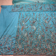 Load image into Gallery viewer, Festive Sky Blue With Multi Colour Silver Stone Beaded Net Lace George Wrapper Set - NLDG290
