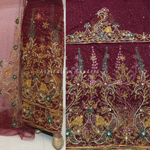 Load image into Gallery viewer, Zesty Maroon Heavy Multi Coloured Crystal Stone Beaded George Wrapper Set - NLDG291
