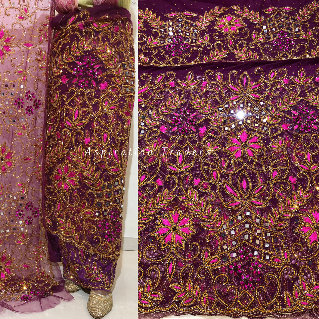 Eye Catching Magenta Heavy crystal Stone beaded with pink silk thread & Mirror work George Wrapper Set - NLDG294