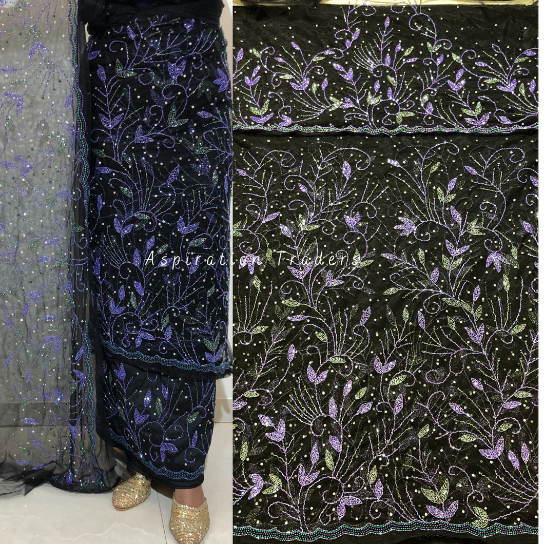 Stunning Black Heavy French Beaded Two Coloured Work George Wrapper Set with Blouse  - NLDG295