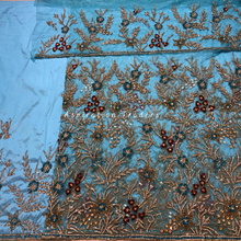Load image into Gallery viewer, Fresh Green Heavy Crystal Stone beaded flower design Net Lace George Wrapper Set   - NLDG297

