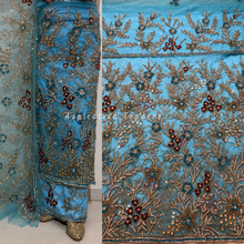 Load image into Gallery viewer, Fresh Green Heavy Crystal Stone beaded flower design Net Lace George Wrapper Set   - NLDG297

