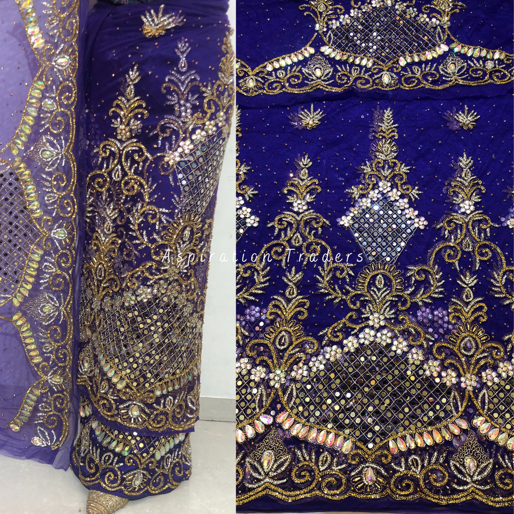Enhancing Purple Heavy Crystal Stone Beaded With Mirror Work George Wrapper Set with Blouse   - NLDG299