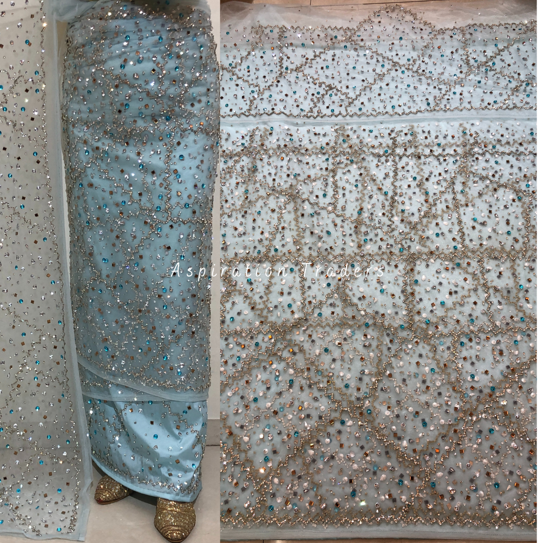 Warm Ocean Blue Heavy Crystal Stone Beaded George Wrapper Set with Blouse - NLDG312