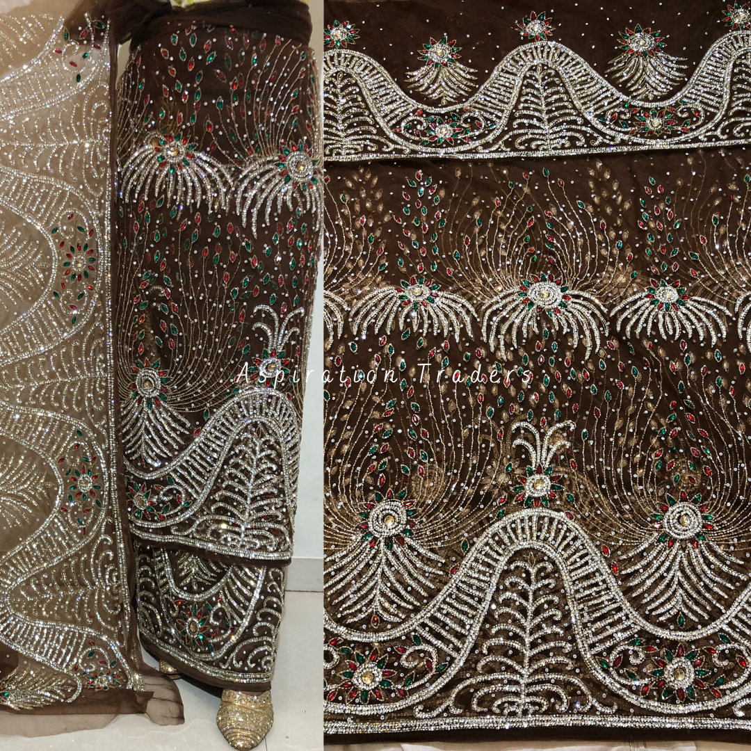 Bright Brown Heavy Silver Stone Beaded Net Lace George Wrapper Set wit ...