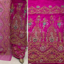 Load image into Gallery viewer, Gloomy fuschia Pink with Heavy Multi Crystal Beaded Net Lace George Wrapper Set with  Blouse   - NLDG317
