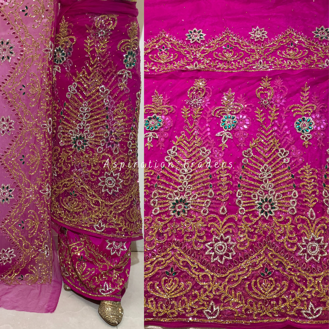 Gloomy fuschia Pink with Heavy Multi Crystal Beaded Net Lace George Wrapper Set with  Blouse   - NLDG317