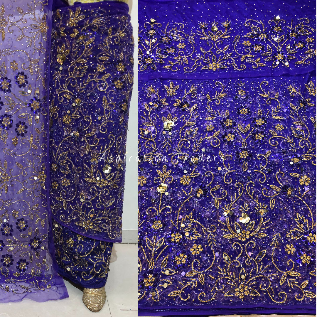 Bold Purple  Heavy Gold Crystal stone Beaded Net Lace George Wrapper Set with  Blouse   - NLDG318