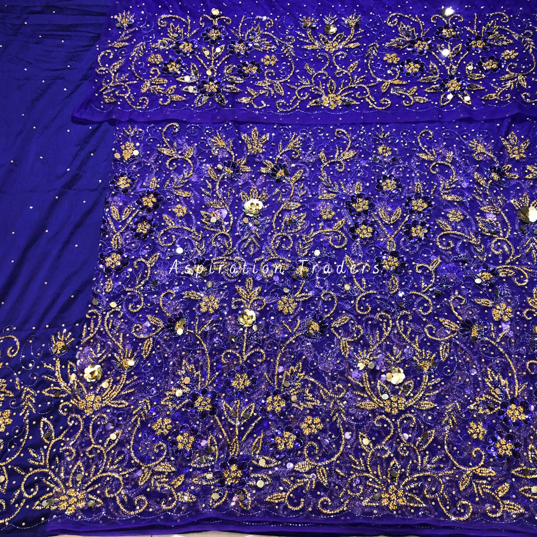Bold Purple  Heavy Gold Crystal stone Beaded Net Lace George Wrapper Set with  Blouse   - NLDG318