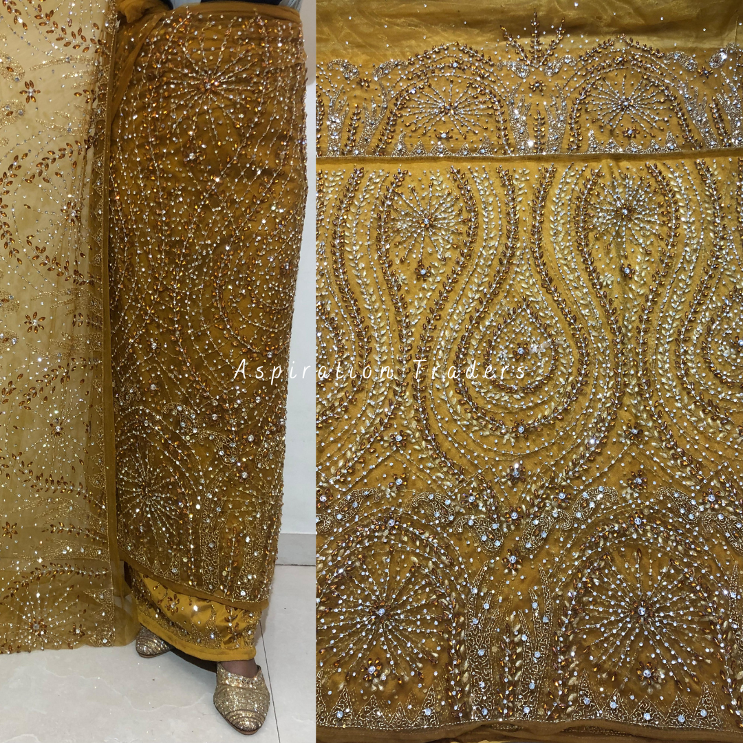 Rich Mustard Yellow Heavy Crystal stone Beaded designer Net Lace George Wrapper Set with  Blouse   - NLDG320