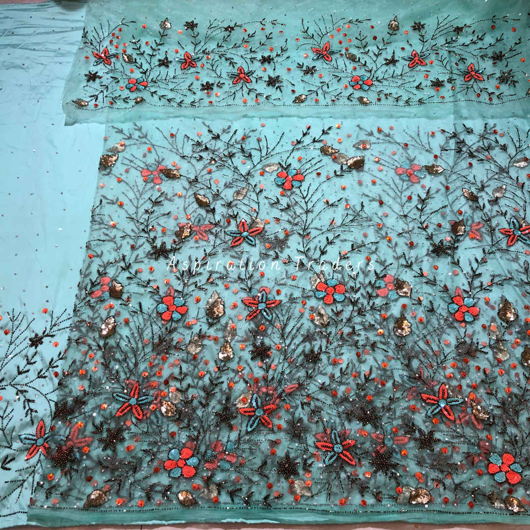 Subtle Sea Green with Orange Sequined Flower design work Net Lace George Wrapper Set with  Blouse   - NLDG319