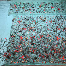 Load image into Gallery viewer, Subtle Sea Green with Orange Sequined Flower design work Net Lace George Wrapper Set with  Blouse   - NLDG319
