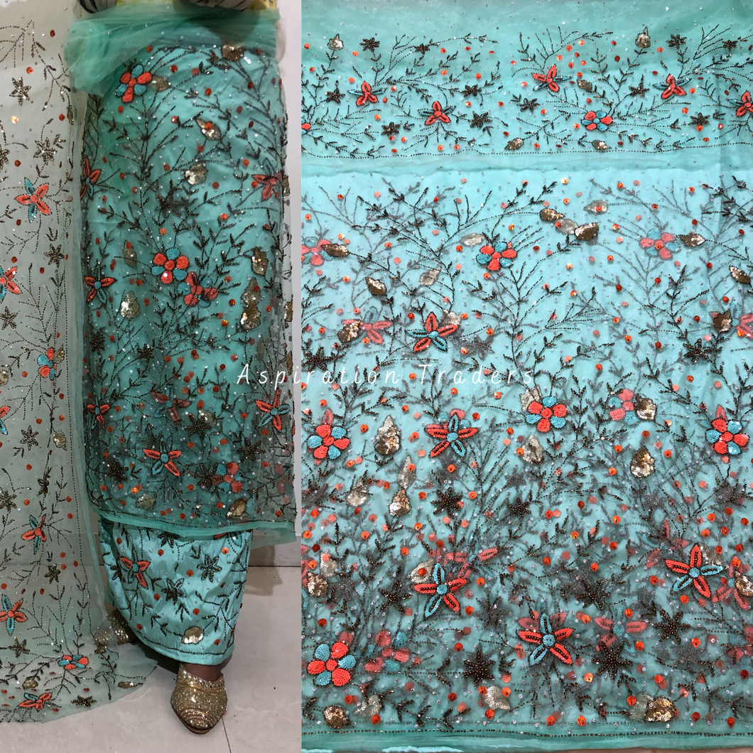 Subtle Sea Green with Orange Sequined Flower design work Net Lace George Wrapper Set with  Blouse   - NLDG319