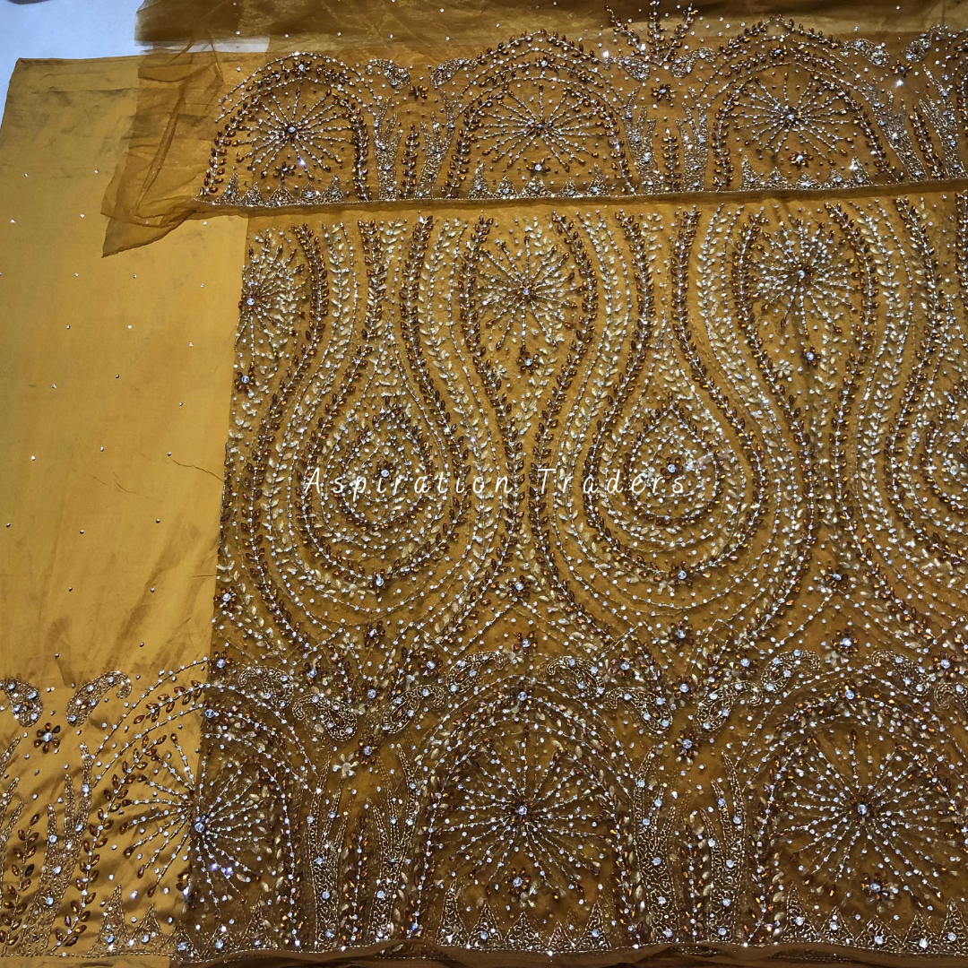 Rich Mustard Yellow Heavy Crystal stone Beaded designer Net Lace George Wrapper Set with  Blouse   - NLDG320