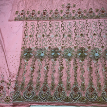 Load image into Gallery viewer, Pale Peach with crystal stone beaded Net Lace George Wrapper Set with  Blouse   - NLDG321
