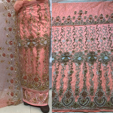 Load image into Gallery viewer, Pale Peach with crystal stone beaded Net Lace George Wrapper Set with  Blouse   - NLDG321

