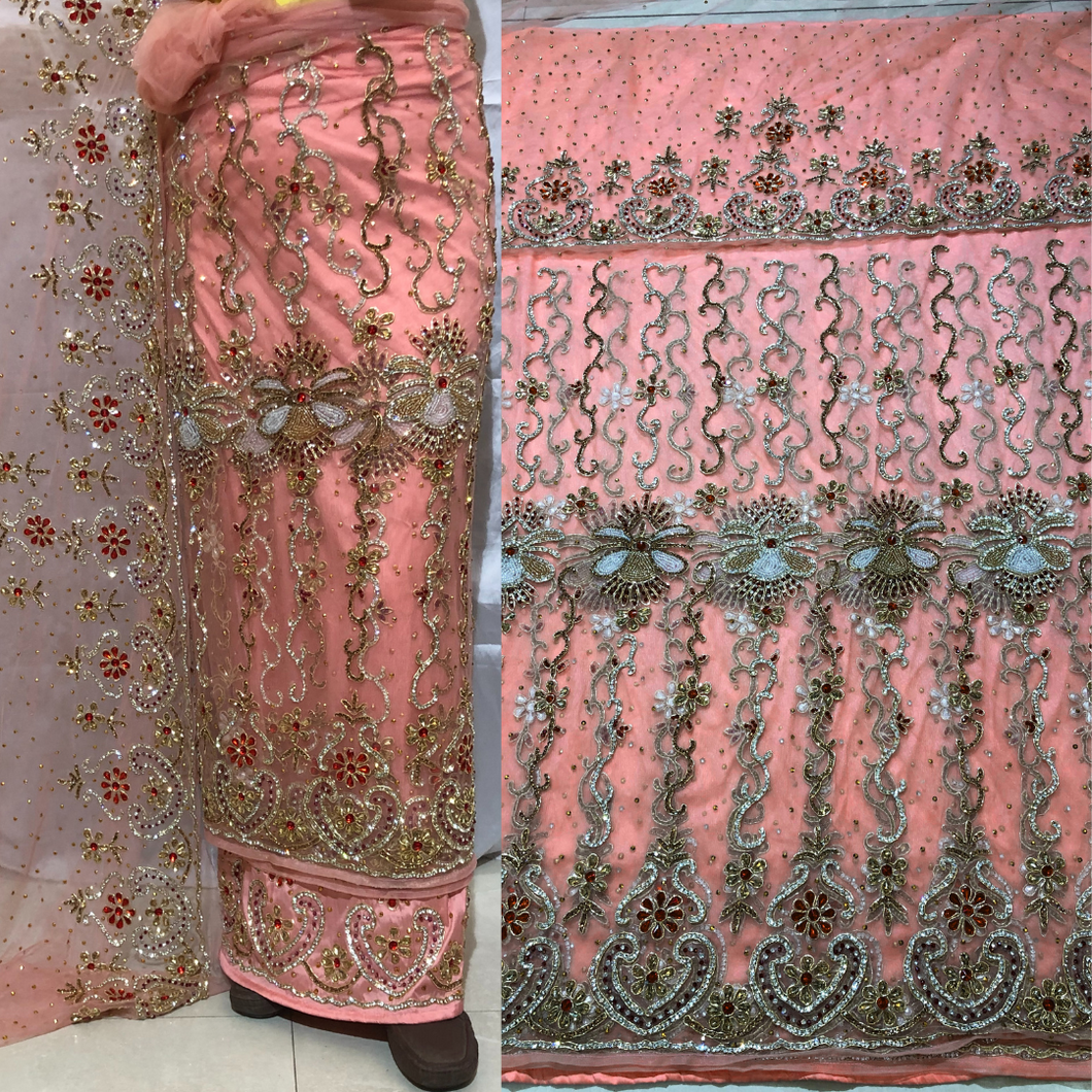 Pale Peach with crystal stone beaded Net Lace George Wrapper Set with  Blouse   - NLDG321