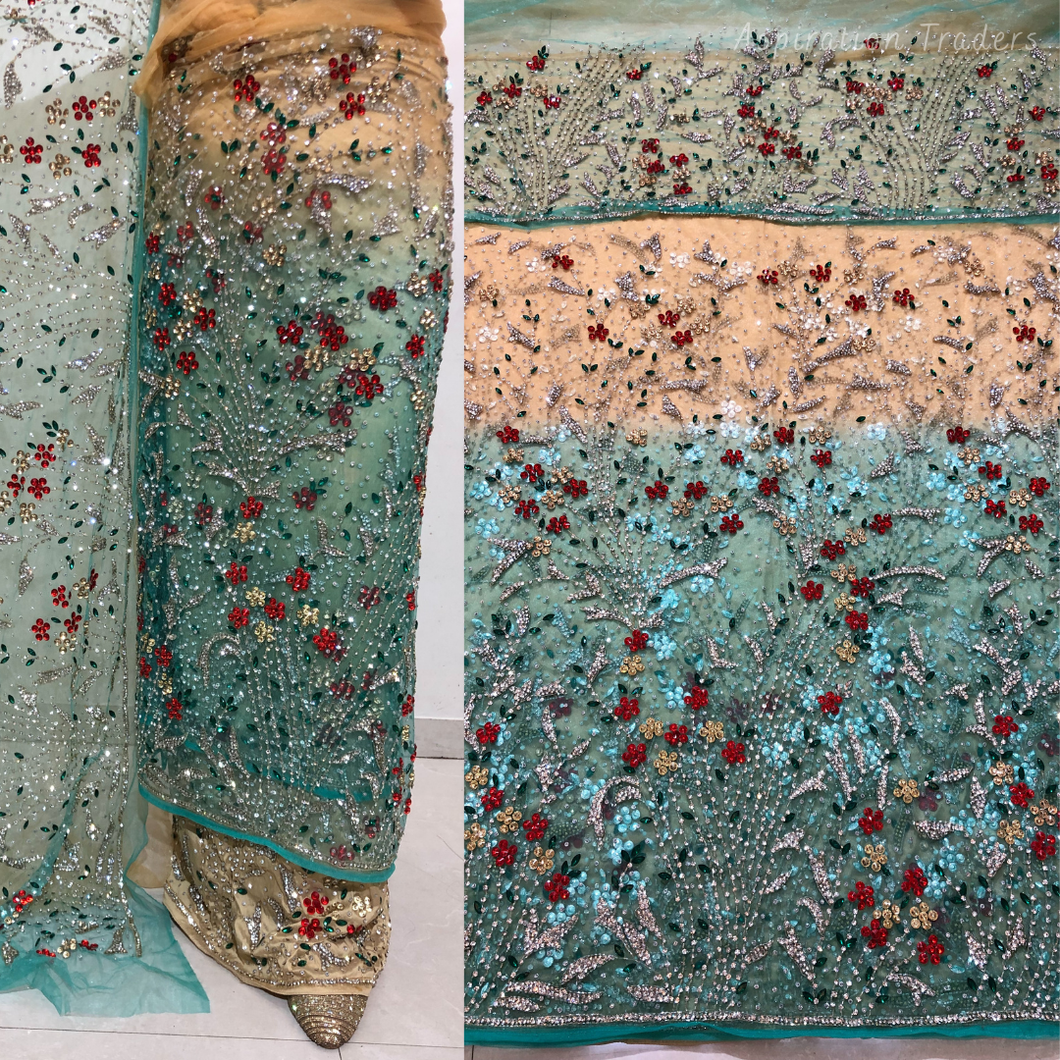 Beautiful Two Tone Heavy Silver stone beaded Net Lace George Wrapper Set with  Blouse   - NLDG322