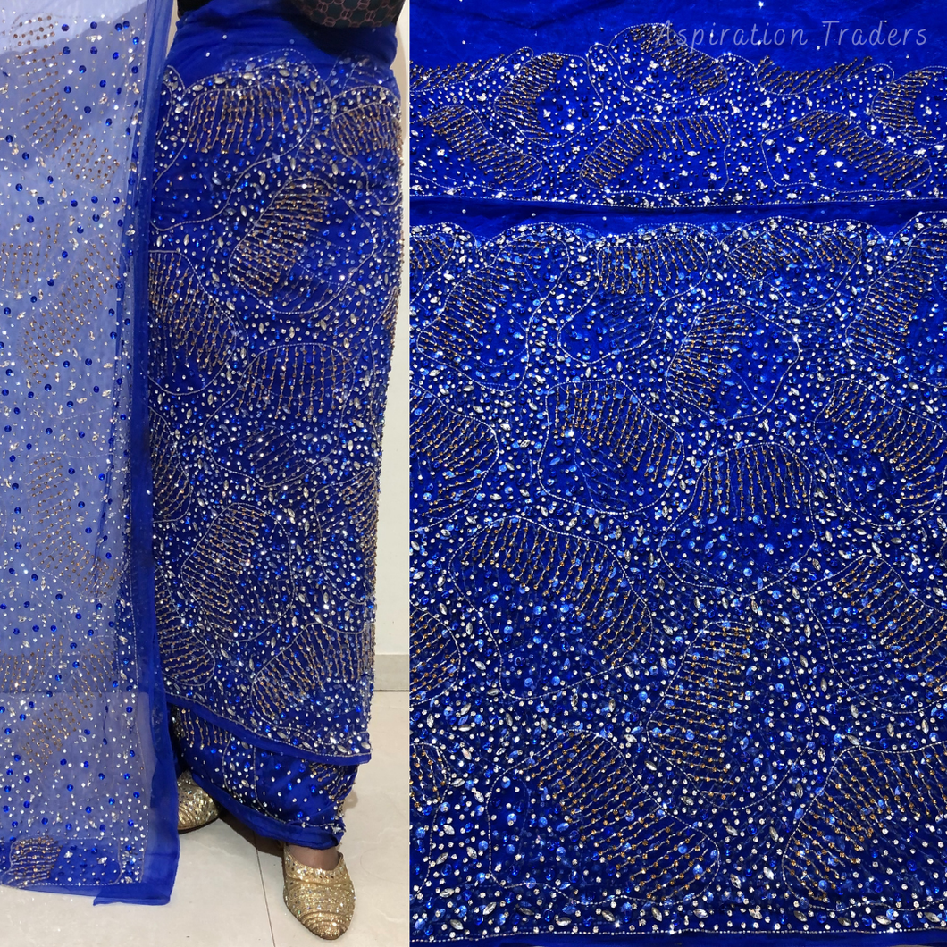 Royal Blue Heavy crystal stone beaded Net Lace George Wrapper Set with  Blouse   - NLDG323