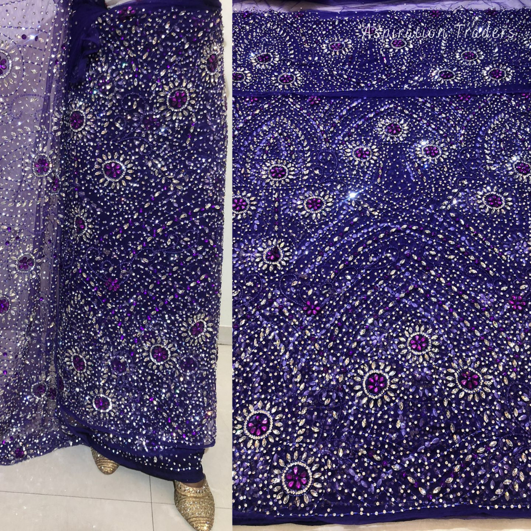 Trending Purple Heavy Crystal stone beaded Net Lace George Wrapper Set with  Blouse   - NLDG324