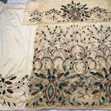 Load image into Gallery viewer, Soothing Champagne Gold Sequined beaded Net Lace George Wrapper Set with  Blouse   - NLDG325
