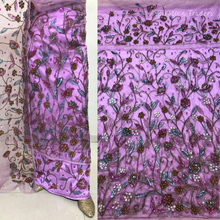 Load image into Gallery viewer, Mustard Yellow Sequined  beaded Net Lace George Wrapper Set with  Blouse   - NLDG328
