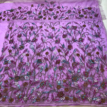 Load image into Gallery viewer, Mustard Yellow Sequined  beaded Net Lace George Wrapper Set with  Blouse   - NLDG328
