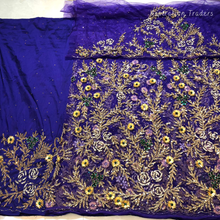 Load image into Gallery viewer, Bold Navy Blue Stone beaded Net Lace George Wrapper Set    - NLDG330
