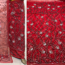 Load image into Gallery viewer, Fiery Red Heavy Stone beaded Net Lace George Wrapper Set    - NLDG332
