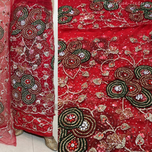 Load image into Gallery viewer, Bold Red Pearl &amp; Stone beaded Net Lace George Wrapper Set    - NLDG335
